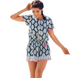 Matilda Jane Blue White Pink Trim Boho Print Romper